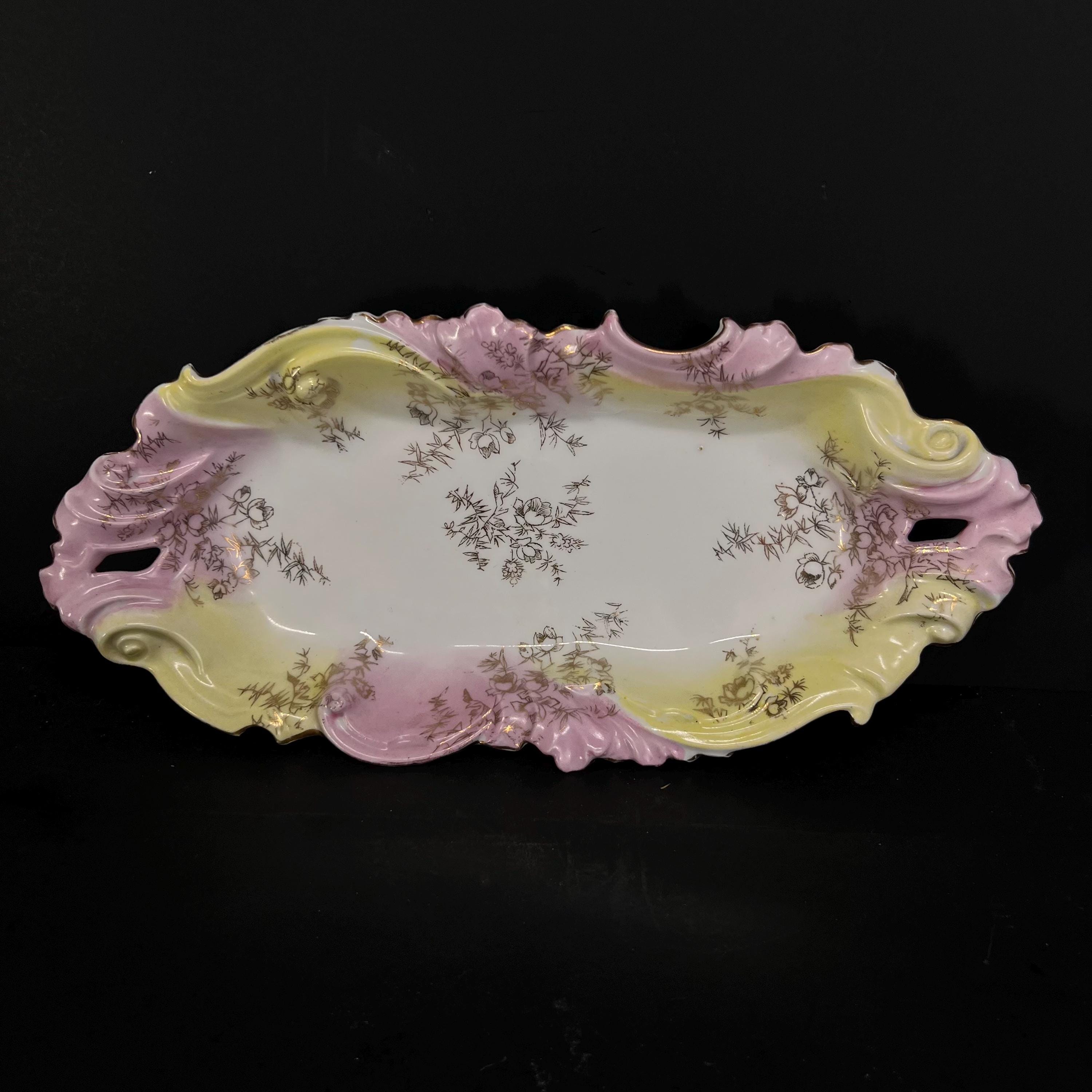 Antique Victorian Porcelain Celery Dish, Pink Ombre, Gold Floral