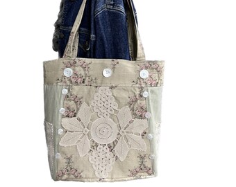 Tote Bag for Women, Rose Weaths on Linen, Green Ticking, Vintage Doilies and Buttons, Boho Chic