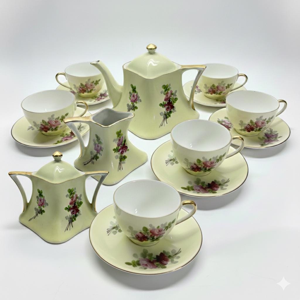 Antique Victoria Austria KPM Tea Set: Hand-painted Roses, 6 Cups ...