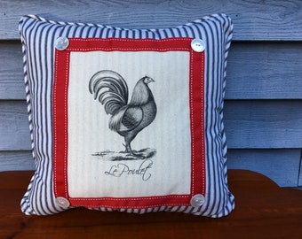 French Rooster Pillow: Cotton Duck, Black Ticking, Farmhouse Decor