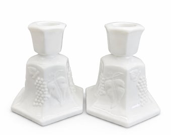 Westmoreland Milk Glass Candlesticks Paneled Grape Pair 3.75 Inch Vintage White Candle Holders Cottage Wedding Decor