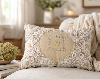 Vintage Doily Lumbar Pillow: Linen & Button Cottage Decor