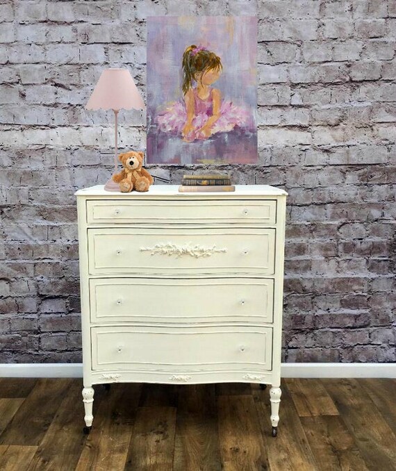 Vintage Painted Shabby Chic Tall Dresser With Rose Floral Etsy