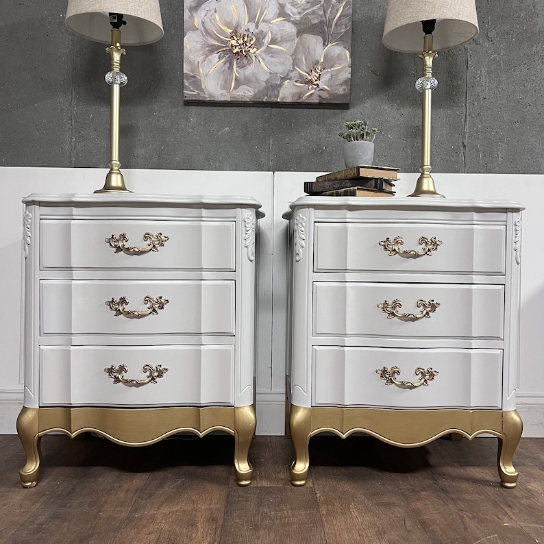 Vintage Set of French Provincial Nightstands, Painted, Gold Dipped image 2