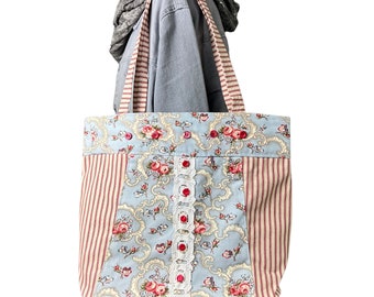 Tote Bag for Women, Rose Print, Red cotton ticking fabric, Vintage Doilies and Buttons, Boho Chic