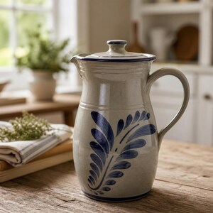 May include: A ceramic pitcher with a lid, featuring a blue floral design on a beige background. The pitcher has a curved handle and a spout for pouring. The design is reminiscent of traditional pottery.