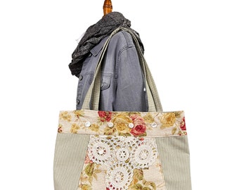 Tote Bag for Women, Rose Linen Print, Green Dot Cotton fabric, Vintage Doilies and Buttons, Boho Chic