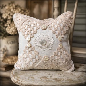 Shabby Chic Linen Pillow: Vintage Doilies and Buttons