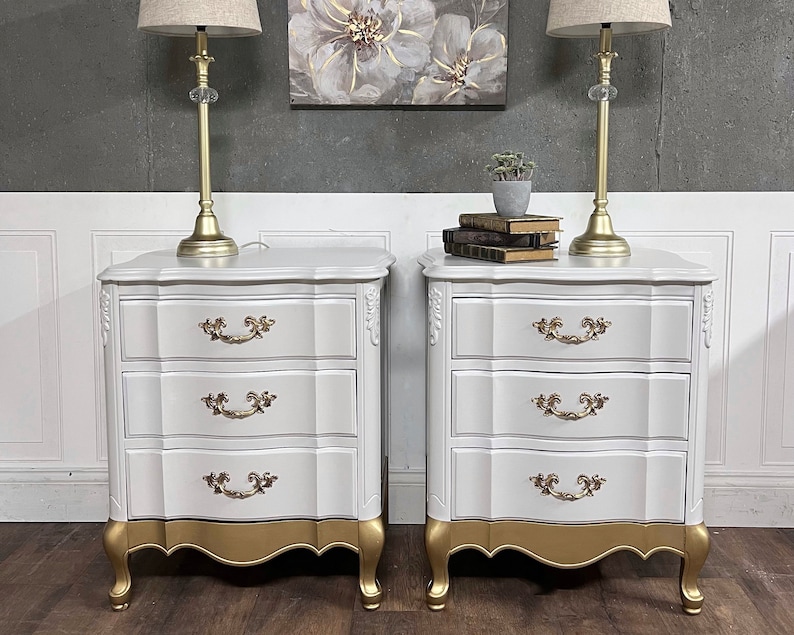 Vintage Set of French Provincial Nightstands, Painted, Gold Dipped image 10