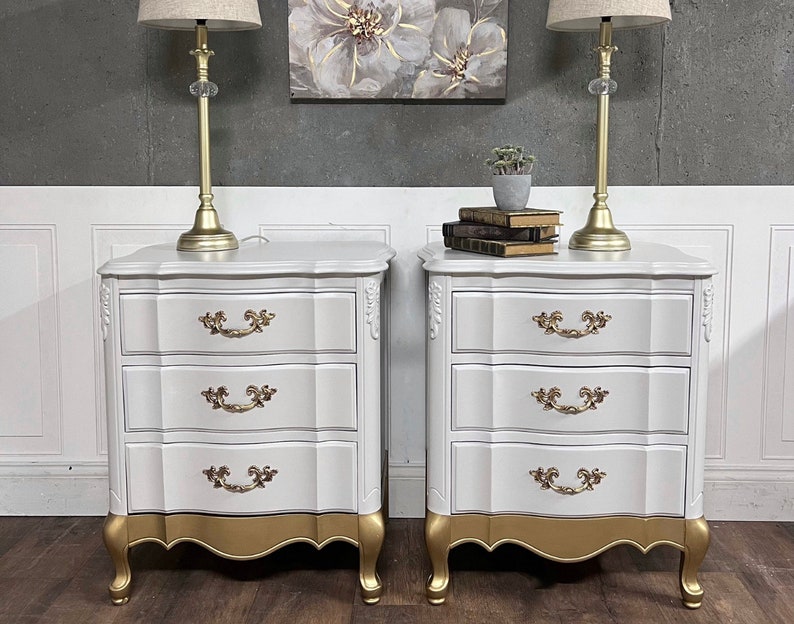 Vintage Set of French Provincial Nightstands, Painted, Gold Dipped image 4