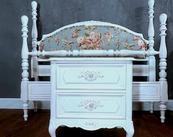 Full Size Painted and Upholstered Cottage Bed and Nightstand