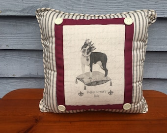 Boston Terrier in Crown on Pillow| French Country Decor | Farmhouse Decor | Linen Print on Pillow | Dog with Crown on pillow