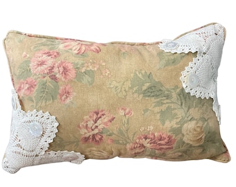 Decorative Lumbar Pillow, vintage buttons, Vintage doily, Floral Print, sage damask back, Shabby Cottage Chic