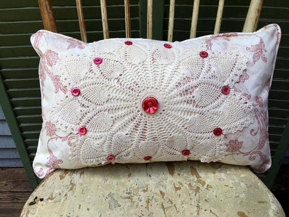 Decorative Lumbar Pillow Vintage Doilies Print Linen Vintage - Etsy