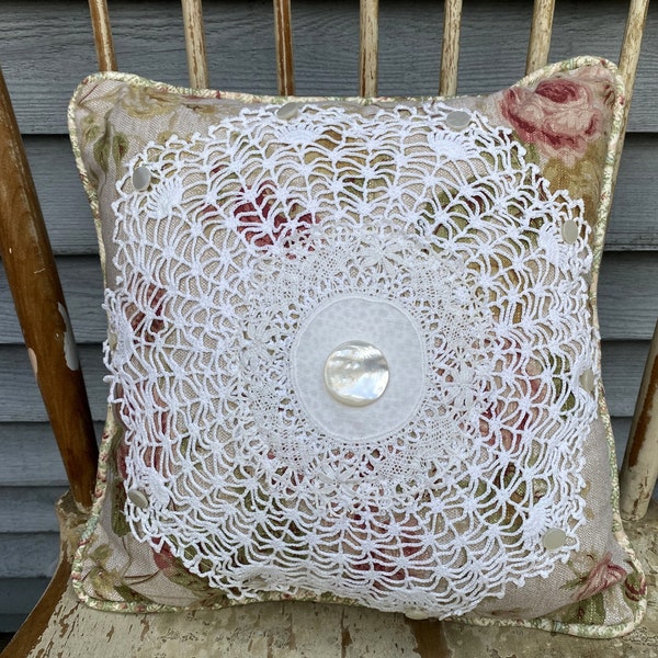 Shabby Cottage Chic pillow, Pink Rose linen Cotton, Vintage doily, Vintage buttons, Green floral cotton back