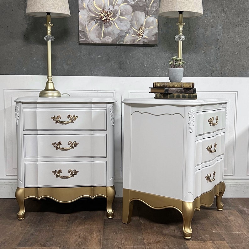 Vintage Set of French Provincial Nightstands, Painted, Gold Dipped image 3