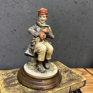 Vintage Capodimonte Figurine, 1984 B Malci Signed Italian statue, Hand Painted Boy with Sticks
