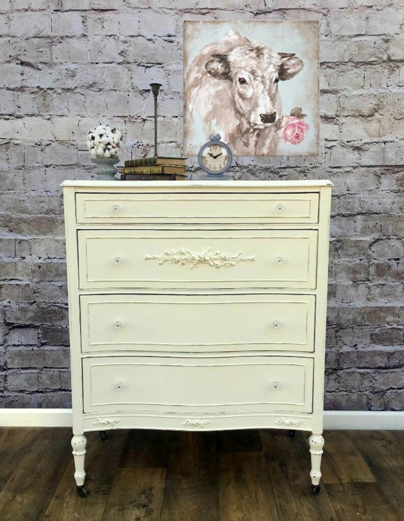 Vintage Painted Shabby Chic Tall Dresser With Rose Floral Etsy