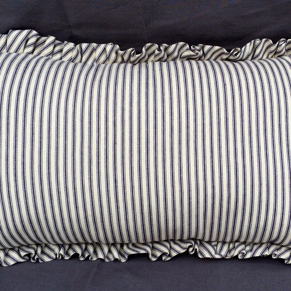 Handmade Oblong French Ticking Pillow with Ruffle (Navy)