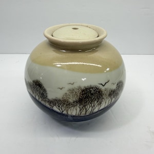 Vintage Otagiri Stoneware Honey Pot: Winter Tree Silhouette Ginger Jar