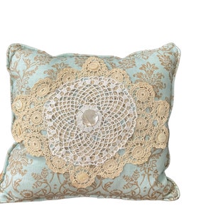 Shabby Cottage Chic pillow, Teal Damask linen Cotton, Vintage doilies, Vintage buttons