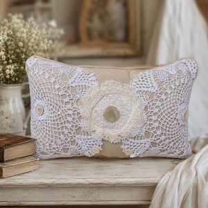 Vintage Doily Lumbar Pillow: Linen & Lace with Vintage Buttons