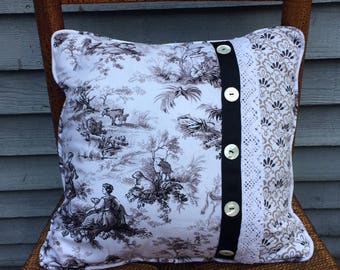 Shabby and so Chic pillow,  Toile Linen  fabric pillow with Damask print and Vintage Buttons, Vintage Lace.