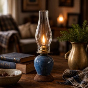 Vintage Blue Glazed Pottery Oil Lamp, Rustic Stoneware Base, Farmhouse Lighting