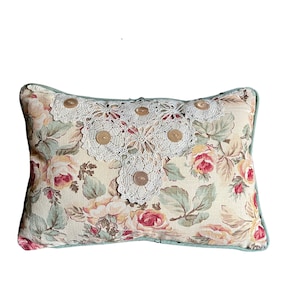 Decorative Lumbar Pillow, vintage buttons, Vintage Lace, Linen with roses, Shabby Cottage Chic