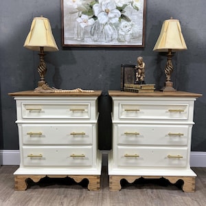 Vintage Set of Nightstands, Creamy White, Natural Top, Bottom, Lexington