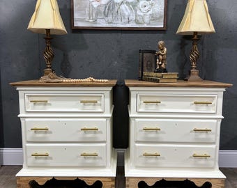 Refinished Vintage Lexington Nightstands Set: Creamy White, Natural Wood Tops, Gold Hardware