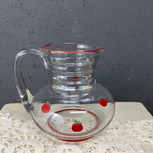 Vintage Tomato Juice Pitcher: Red Trim Glass Jug, Retro Kitchen Decor