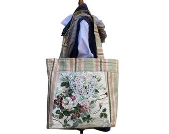 Tote Bag for Women, Pink Rose Print, Mixed Stripe Cotton fabric, Vintage Doilies and Buttons, Boho Chic