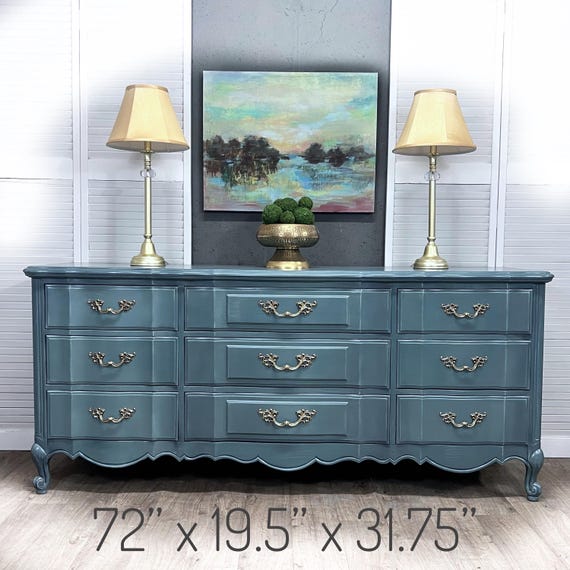 green blue dresser French Provincial Dresser, Restyled Sideboard, Coastal Chic, Grandmillennial Style teal dresser ideas