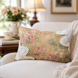 Floral Lumbar Pillow: Vintage Doily, Buttons, Shabby Cottage Chic