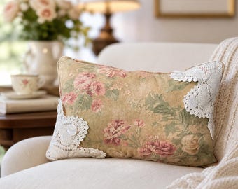 Floral Lumbar Pillow: Vintage Doily, Buttons, Shabby Cottage Chic