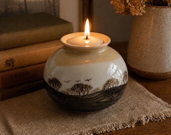 Vintage Otagiri Stoneware oil lamp: Winter Tree Silhouette Ginger Jar
