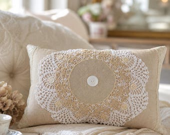 Vintage Doily Lumbar Pillow: Linen & Button Accent Pillow