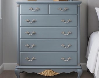 Modern Cottagecore Highboy Dresser – Hand-Painted Vintage Chest with Gold Accents