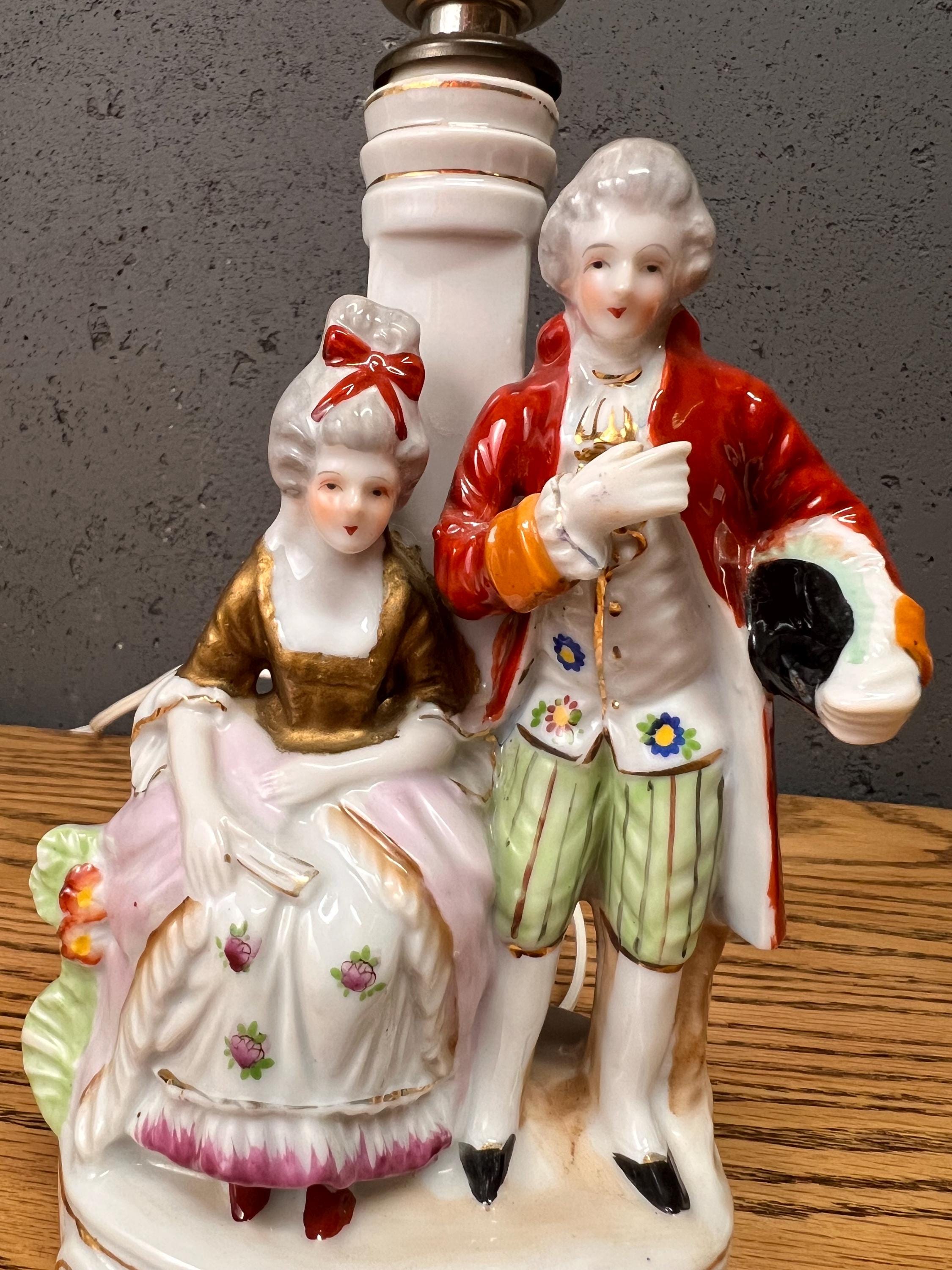 Vintage Hand-painted Porcelain Lamp: Colonial Couple Figurine