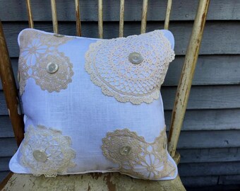 Vintage Crochet  Doily Pillow with White linen, Vintage Buttons, white linen back