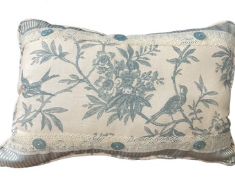Decorative Lumbar Pillow, vintage buttons, Vintage Lace, Blue Toile, Tole  back, Shabby Cottage Chic