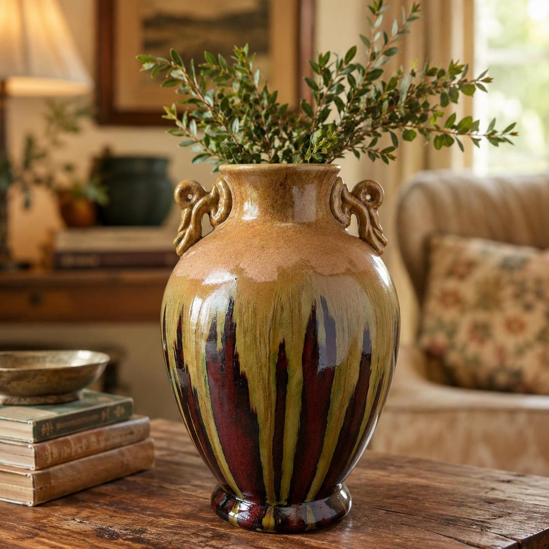 Vintage Art Pottery Vase Drip Glaze Ceramic Vase 12.5 Inch Earth Tone ...
