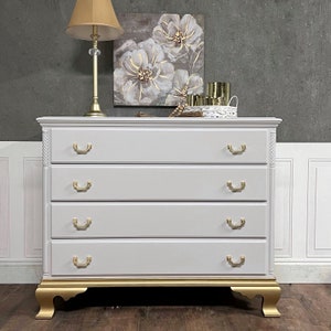 Vintage Dove Gray Dresser: Gold Dipped Legs, Coastal Farmhouse Style