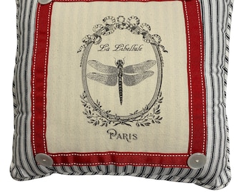 French Dragonfly Wreath Pillow with French Script, So Paris Apartment, Shabby Cottage Home Chic!