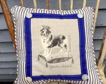 Australian Shepherd in Crown on Pillow| French Country Decor | Farmhouse Decor | Linen Print on Pillow | Dog with Crown on pillow