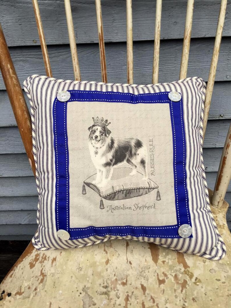 Farmhouse Decor Linen Print on Pillow Dog with Crown on pillow Australian Shepherd in Crown on Pillow| French Country Decor
