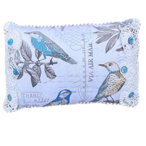 Bird Print Lumbar Pillow: Vintage Lace & Buttons, Shabby Cottage Chic