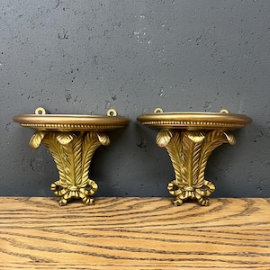 Gold Gilded Plaster Wall Shelves: Vintage Neoclassical Acanthus Leaf Brackets