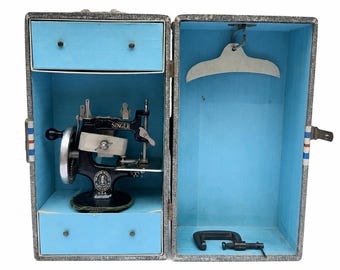 1930s Singer Model 20 Toy Sewing Machine with Original Case, China Clipper Decal, Clamp